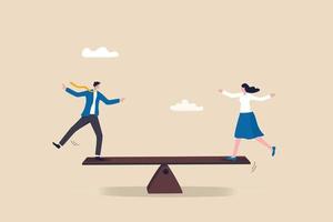Gender equality, treat female and male equally, diversity or balance, fairness and justice concept, businessman and businesswoman balancing on equal seesaw. vector