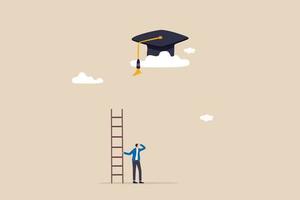 Education cost, expensive school or university cost, education gap or scholarship opportunity concept, poor man with too short ladder to climb to reach high graduated mortarboard on the cloud. vector