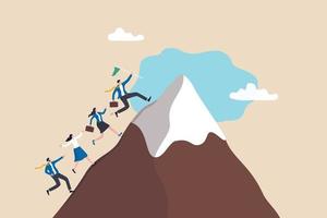 Success business mission, leadership to lead team to achieve goal, challenge or effort to reach target, motivation and teamwork to success, business people team members running to reach mountain peak. vector