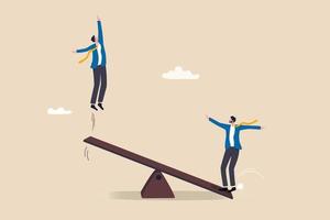 Manager support, effort to help partner reaching goal, assistance to get solution, teamwork or collaboration for success, businessman manager jump on seesaw help colleague jump high to reach target. vector