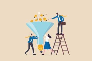 Idea funnel, brainstorm to get solution or final idea, creativity, innovation or imagination to create inspiring solution concept, business people help put small lightbulb in funnel to get final idea. vector