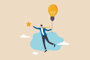 Creativity or innovation to help reach business goal, lightbulb idea to success, leadership to get solution to achieve goal, smart businessman flying with lightbulb idea to catch star in the sky. vector