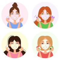 Cute girls with different facial cosmetic masks. Bubble mask with raspberries, lavender, lemon and avocado. Set of vector illustrations isolated on white background.