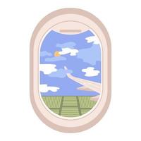 View through the porthole of aircraft. Airplane window. Clouds, fields and plane wing skyscape through porthole. vector