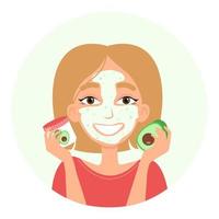 Cute girl with facial cosmetic mask. Bubble mask with avocado. Vector illustration isolated on white background.