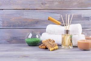 Bathroom accessories. Spa and beauty theatment products. Concept of natural spa cosmetics and organic threatment bodycare. photo