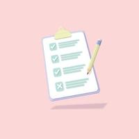 3D Clipboard and pencil pastel color with checklist on pink background. Notepad icon minimal design. Vector illustration