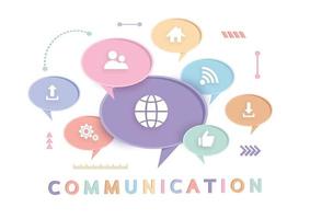 Communication 3d concept. The word communicate with pastel dialog speech bubbles. Minimal design concept. Vector illustration