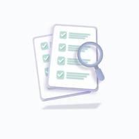 Successfully complete business assignments concept with checklist on clipboard 3D. Magnifying glass minimal design. Vector illustration