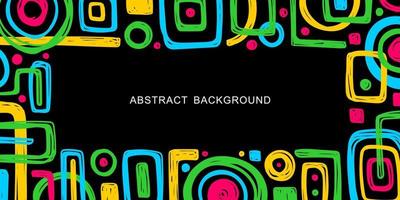 BLACK VECTOR BACKGROUND WITH MULTICOLORED NEON CARELESSLY DRAWN GEOMETRIC ELEMENTS AROUND THE EDGES