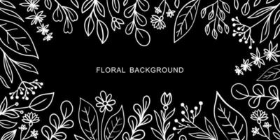 BLACK VECTOR BACKGROUND WITH WHITE DOODLE FLOWERS AND TWIGS ON THE EDGES