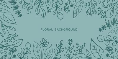 LIGHT BLUE VECTOR BACKGROUND WITH MINT DOODLE FLOWERS AND TWIGS AROUND THE EDGES