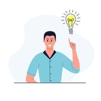 Happy man with bright yellow light bulb. Businessman find idea. Solution of the problem. vector
