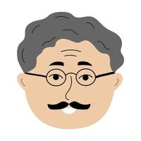 Elderly man face with glasses in doodle style. Colorful avatar of gray-haired man. vector