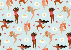 Seamless pattern of body positive happy women, hearts and daisies. vector