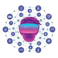 A man head use VR virtual reality goggle and metaverse icons with line polygon background.Education for metaverse concept vector