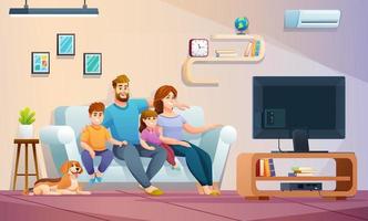 familia feliz viendo la televisión juntos en la sala de estar. concepto de ilustración familiar en estilo de dibujos animados vector