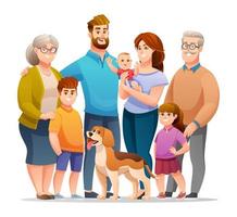 retrato de una gran familia feliz con padre, madre, abuelo, abuela, hijos y una mascota. ilustración familiar en estilo de dibujos animados vector