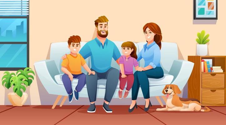 Happy family sitting on the couch together at home with father, mother, children and a pet. Family illustration concept in cartoon style