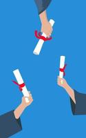 Three hands holding paper on graduation day celebration vector