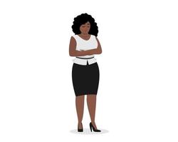 Attractive chubby black businesswoman standing and sad. Unhappy obese african american business woman overweight plus size body. Curvy fat adult ebony girl. Excess weight problems female. Vector eps