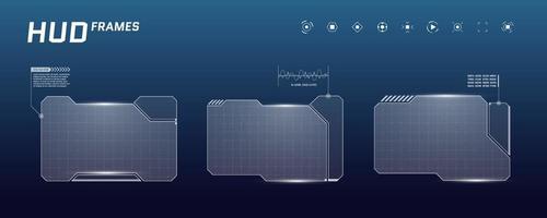 conjunto de marcos horizontales de interfaz de usuario futurista digital hud. pantallas de alta tecnología de ciencia ficción. menú de juegos tocando los paneles del tablero de monitoreo cibernético. ciberespacio head-up display tecnología información eps firmar vector