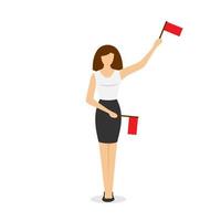 Young woman traffic controller holding flags and showing right way signals. Vector eps isolated illustration