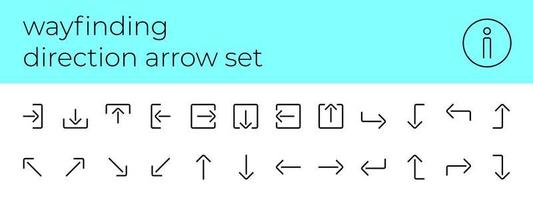 Wayfinding system direction arrow linear modern icon set. Way finding entrance and exit outline symbol collection. Left and right navigation signage. Up and down information boards. Public place signs vector