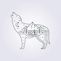 campamento de aventura abstracto en la naturaleza con diseño de ilustración de lobo, ropa imprimible, diseño de símbolo de icono de logotipo vectorial vector