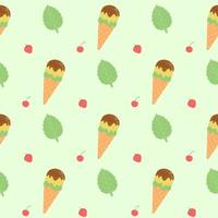 Seamless pattern of coffee cups and ice cream stickers on green y background. vector