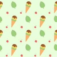 Seamless pattern of coffee cups and ice cream stickers on green y background. vector