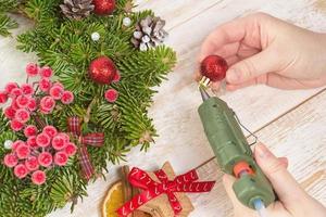 Christmas decorations on wooden background photo