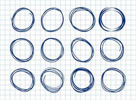 conjunto de círculos dibujados a mano vectoriales utilizando líneas de círculo de garabatos de dibujo de croquis. elementos de diseño de logotipo circular de fideos. vector