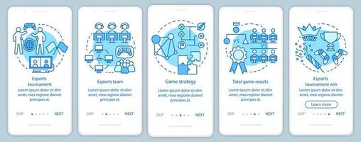 plantilla de vector de pantalla de página de aplicación móvil de incorporación de torneo de esports. Campeonato de videojuegos en línea. paso a paso del sitio web con ilustraciones lineales. ux, ui, concepto de interfaz de teléfono inteligente gui