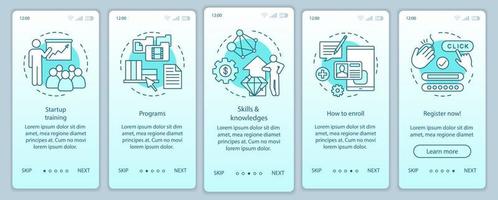 Startup education onboarding mobile app page screen with linear concepts. Business skills improvement walkthrough steps graphic instructions. UX, UI, GUI vector template with illustrations