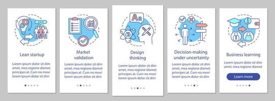 principios de inicio que incorporan la pantalla de la página de la aplicación móvil con conceptos lineales. instrucciones gráficas de los pasos del tutorial de creación de empresas. ux, ui, plantilla vectorial gui con ilustraciones vector