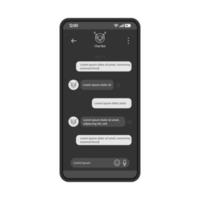 plantilla de vector de interfaz de teléfono inteligente chat bot messenger. Diseño de diseño en negro de la página de la aplicación de soporte móvil. pantalla de la aplicación de asistencia virtual. chateando con bot flat ui. burbujas de discurso en la pantalla del teléfono