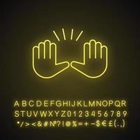 Raising hands gesture neon light icon. Stop, surrender gesturing. Waving two palms emoji. Glowing sign with alphabet, numbers and symbols. Vector isolated illustration