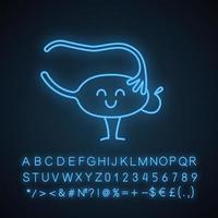 Smiling ovary and fallopian tube neon light icon. Ovulation. Female reproductive system emoji. Womens health. Fertility. Glowing sign with alphabet, numbers and symbols. Vector isolated illustration