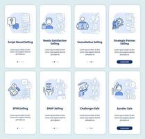 Selling principles light blue onboarding mobile app screen set. Walkthrough 4 steps editable graphic instructions with linear concepts. UI, UX, GUI template. vector