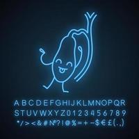 Happy gallbladder emoji neon light icon. Healthy digestive system. Gallbladder health. Glowing sign with alphabet, numbers and symbols. Vector isolated illustration