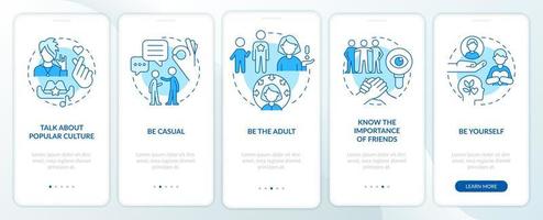 Positive parenting strategies blue onboarding mobile app screen. Walkthrough 5 steps editable graphic instructions with linear concepts. UI, UX, GUI template. vector