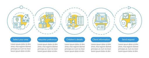 plantilla infográfica vectorial de solicitud de niñera. cuidado de niños elementos de diseño de presentación de negocios. visualización de datos con pasos y opciones. gráfico de línea de tiempo del proceso. diseño de flujo de trabajo con iconos lineales vector