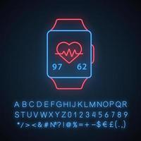 Fitness tracker neon light icon. Sport bracelet. Heart rate and pulse meter. Heartbeat monitoring device. Smart band. Glowing sign with alphabet, numbers and symbols. Vector isolated illustration