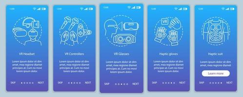 Virtual reality equipment onboarding mobile app page screen with linear concept. VR helmet, controller, cybergloves, suit walkthrough steps graphic instructions. UX, UI, GUI vector template with icons