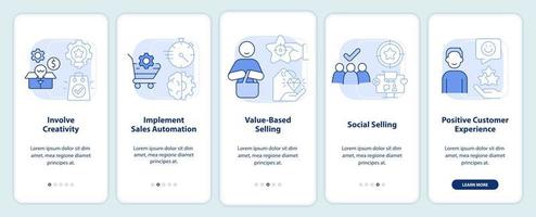 Selling tendencies light blue onboarding mobile app screen. Sales walkthrough 5 steps editable graphic instructions with linear concepts. UI, UX, GUI template. vector