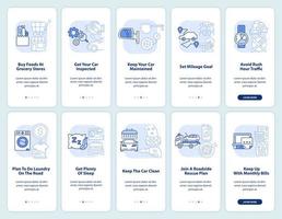 Road trip planning light blue onboarding mobile app screen set. Walkthrough 5 steps editable graphic instructions with linear concepts. UI, UX, GUI template. vector