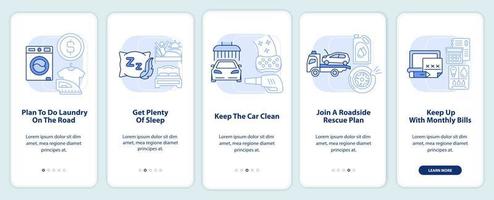 Road trip recommendations light blue onboarding mobile app screen. Walkthrough 5 steps editable graphic instructions with linear concepts. UI, UX, GUI template. vector