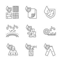 Waterproofing linear icons set. Water resistant materials, fabric. Waterproof flooring, spray, coat, trousers, shoes.Thin line contour symbols. Isolated vector outline illustrations. Editable stroke