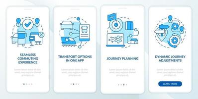 MaaS perks blue onboarding mobile app screen. Mobility services walkthrough 4 steps editable graphic instructions with linear concepts. UI, UX, GUI template. vector